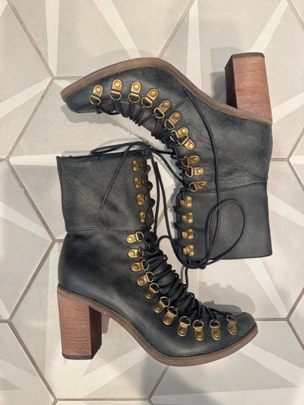 Jeffrey Campbell Black Leather Lace-Up Boots with Gold Hardware